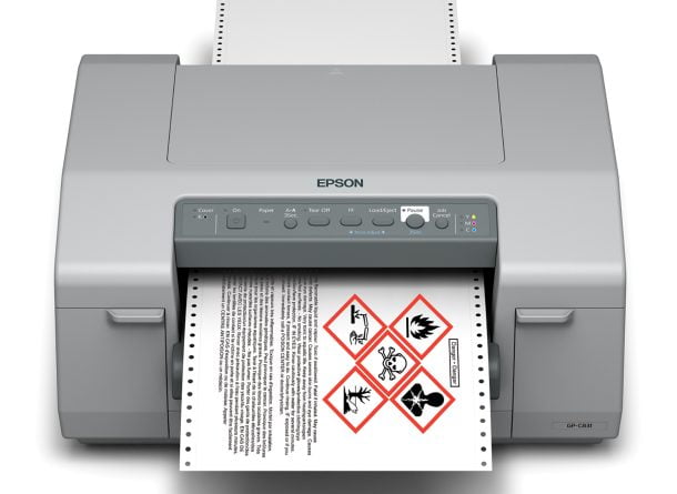Epson GP-C831 printing GHS BS5609 Chemical Drum Label